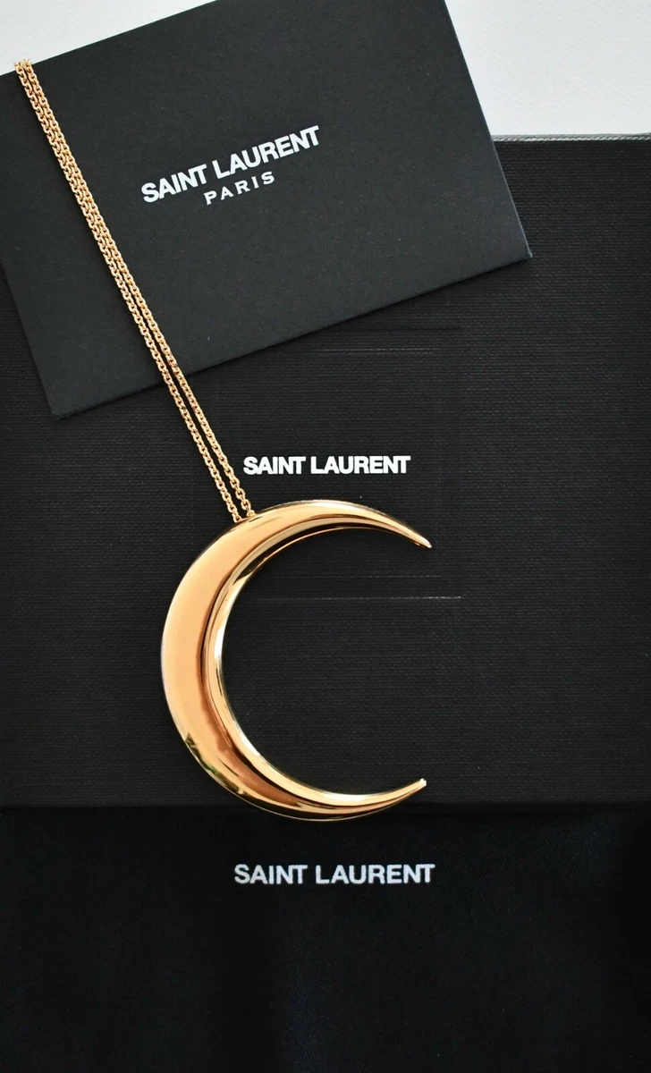 Auth SAINT LAURENT Paris Gold Toned CRESCENT MOON Pendant