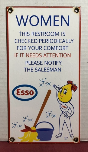 VINTAGE 1957 DATED ESSO WOMENS RESTROOM PORCELAIN SIGN GAS OIL DROP