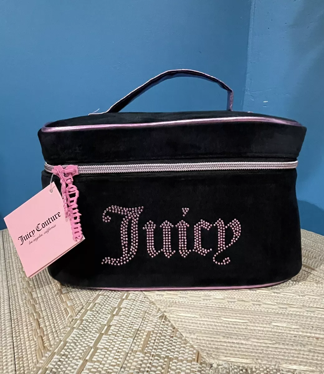 Juicy Couture Black Valour Rhinestone Makeup Bag Train Case Pink Handle NWT