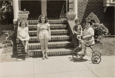 Black and White Photo Boys Girls Hanging Out in Front Yard  7x10 Reprint  A-22