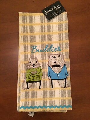 Nicole Miller Cotton Kitchen Towels Embroidered Buddies Set of 2  NEW Critters