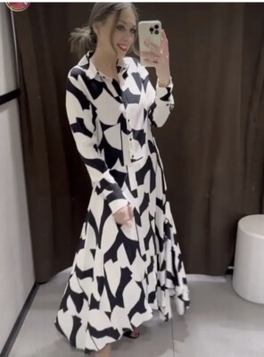 ZARA WOMAN XS,S LONG PRINT DRESS ASYMMETRIC HEM BLACK / WHITE