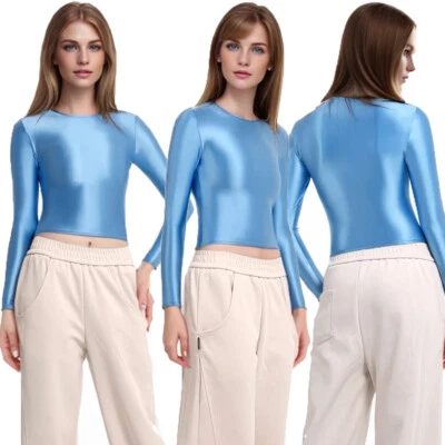 MJINM Damen Satin Oil Tops Langarm Sports Yoga Round Neck Bottoming Short Shirts - Bild 1 von 4