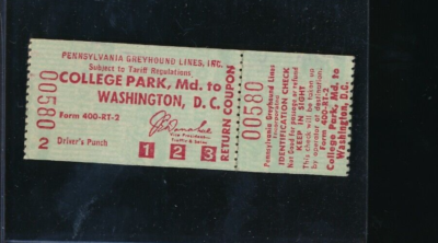 Sept 24 1955 Greyhound Bus ticket College Park, MD To Washington