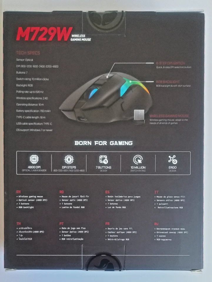 MARVO Scorpion M729W - Souris De Jeu Sans fil, Rechargeable, RVB, 4800 DPI, Noir - Photo 2/4