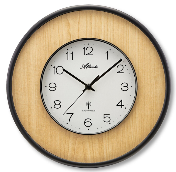 Moderne Funk Wanduhr Holz Buche Dekor Rund Zahlen Mineralglas - Atlanta 4540/30-image