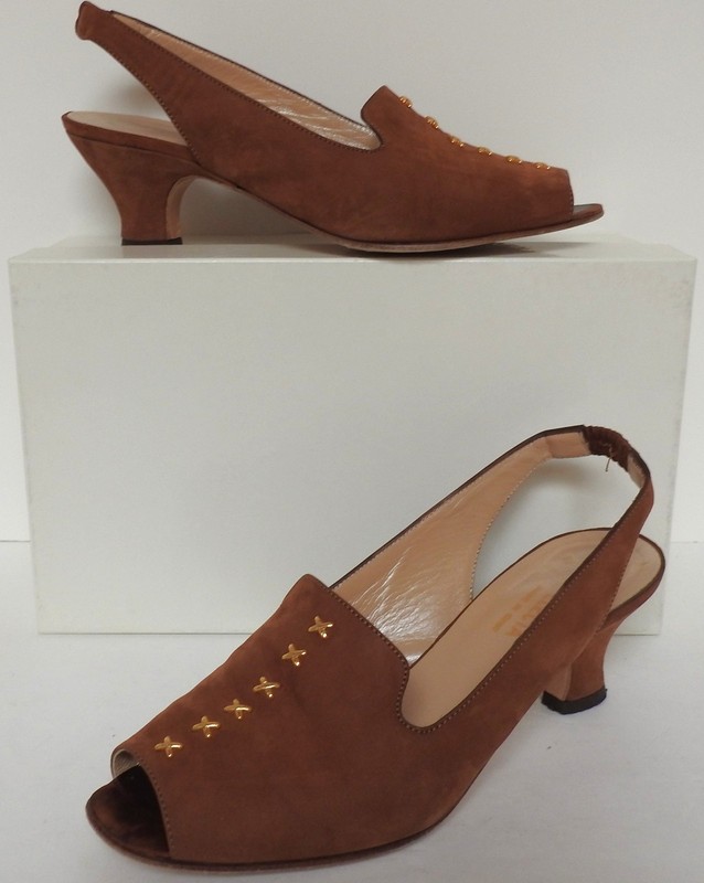 Electa Vero Cuoio Italy Brown Nubuk Sling Back Heels sz 7.5 EU 38 *ship w/o box