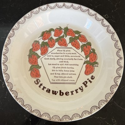 Vintage Ceramic Strawberry Pie Dish w/ Printed Recipe Inside 10.5  1980 s