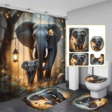 3D Elephant Lamp Shower Curtain Non-Slip Bathroom Rug Bath Mat Toilet Lid Cover