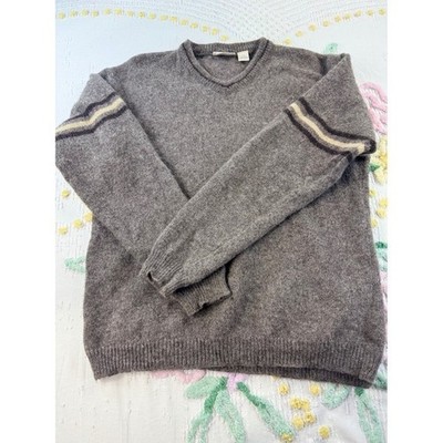 North Crest Mens Brown 100% Wool V-Neck Sweater Striped Sleeves Large