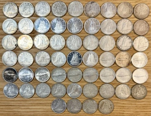 CANADA 1959-68 COLLECTION OF 58 - 10 CENTS (80 & 50% SILVER/3 TROY OZ)  VF-MS/PL
