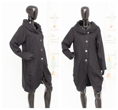 BITTE KAI RAND Linen Coat Black Lagenlook Asymmetric Pleated Twisted Collar 42