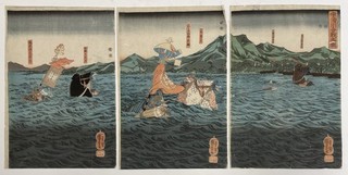 Japanese Woodblock Print Triptych by UTAGAWA KUNIYOSHI “Battle of Uji River” #20