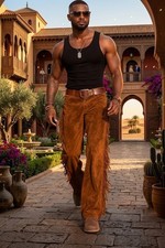 Men Western Cowboy Suede Leather Pant Fully Leg Fringes Riding Native Rodeo Pant