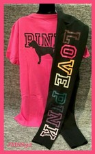 Victoria's Secret Pink Campus Tee Shirt  Leggings Set Neon Fuchsia Pink L XL