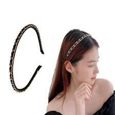 Black Leather Chain Headband Hairband Metal Braided Headbands Thin Hair Bands...