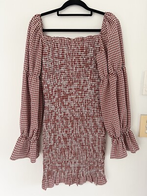 NEW SNDYS the Label dress size M brown white gingham long sleeve casual  party | eBay UK