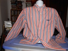 Chaps Bright Orange Blue Striped Designer Longsleeve Dress Shirt Large L 