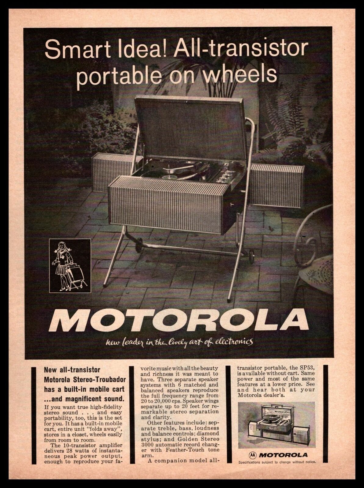 1963 Motorola SP53 10-Transistor Radio Stereo System MCM Patio Vintage Print Ad