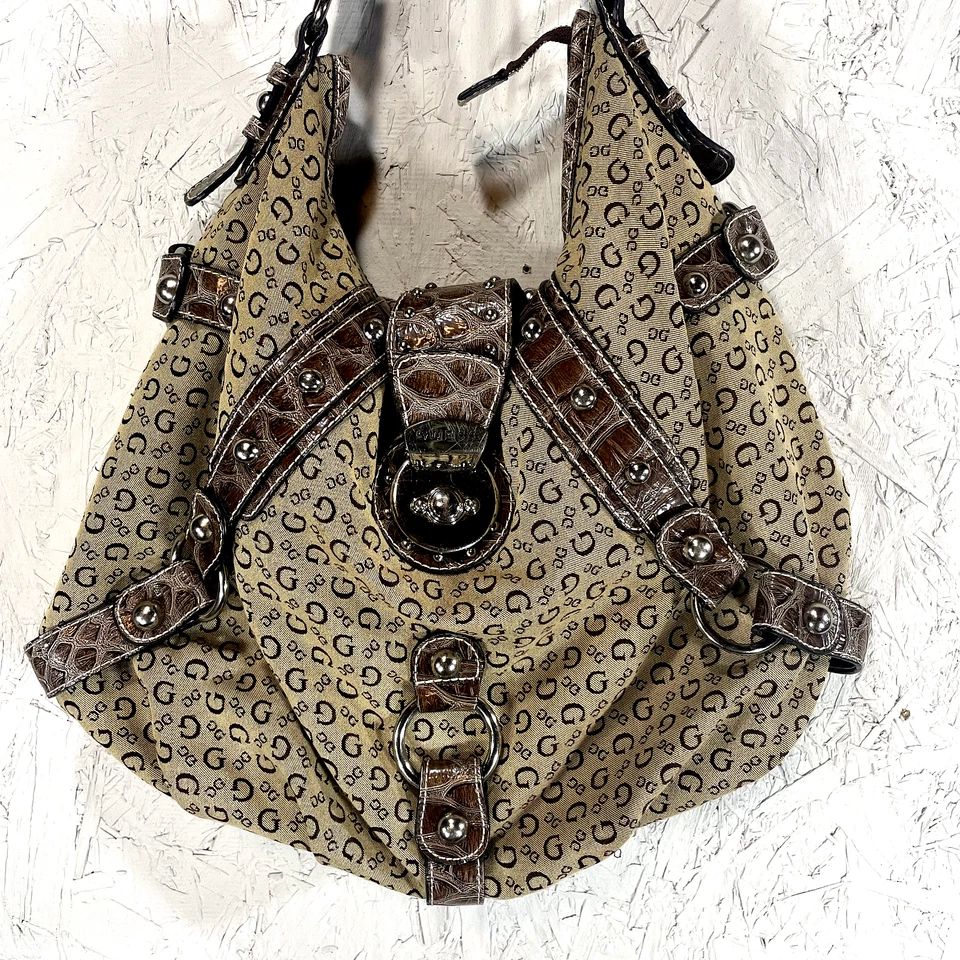 Vintage Guess Y2K Monogram Brown Canvas Shoulder Bag Croc Embossed Silver Logo