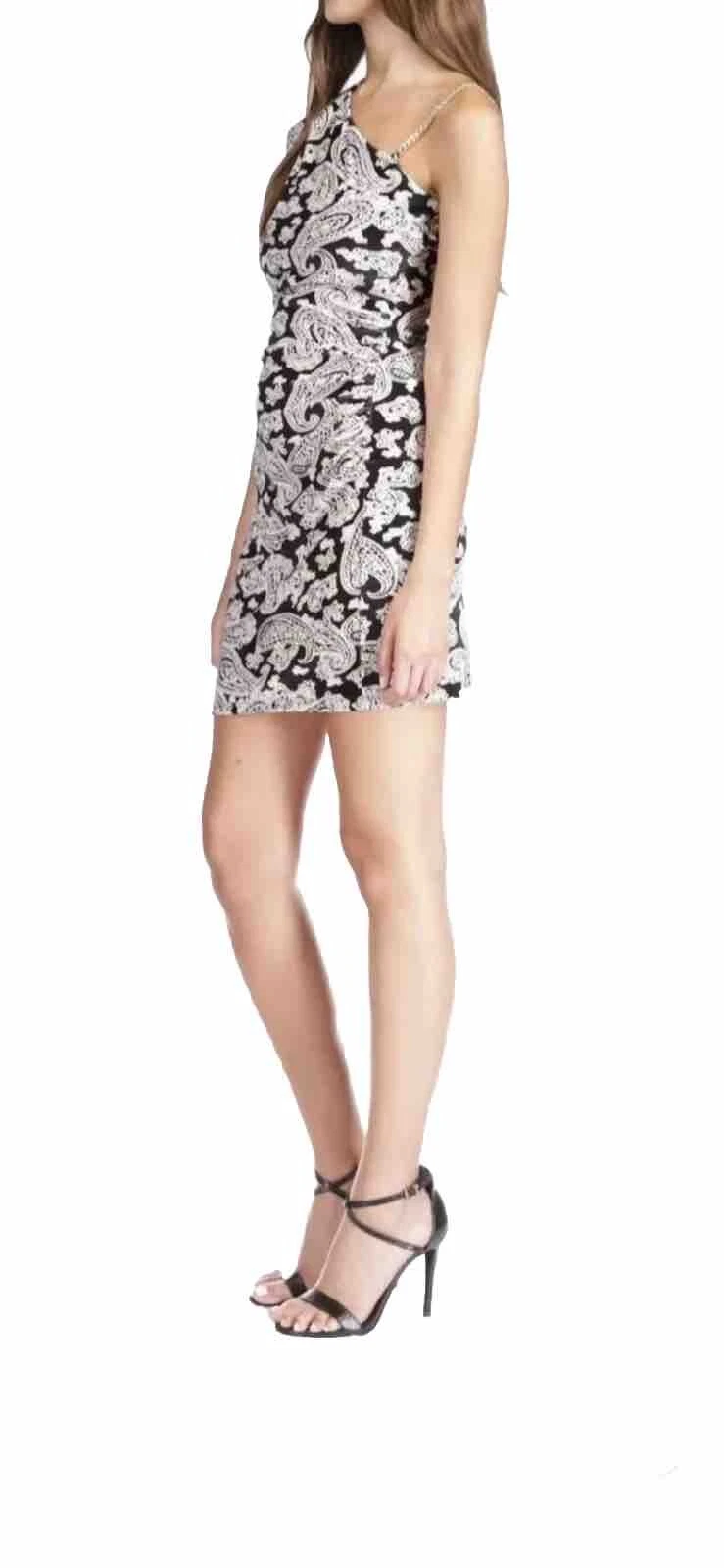 MICHAEL Michael Kors Abito a una spalla in velluto Paisley. Osso nero. XS. NUOVO COME