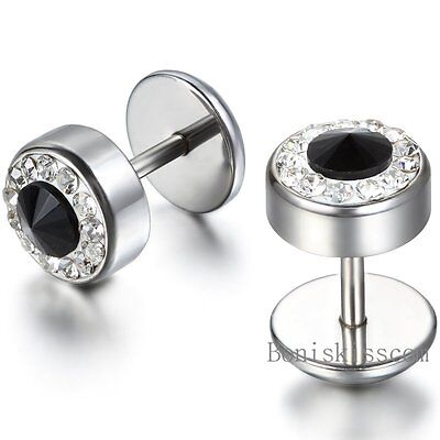 2Pcs Black Silver Men's Barbell Punk Stainless Steel Crystal 2Pcs Black Silver Men's Barbell Punk Stainless Steel Crystal