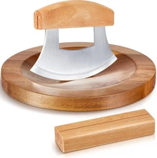 2Pc Ulu Knife & Cutting Board Set – Wood Mezzaluna Rocker Chopper Mincing Tool