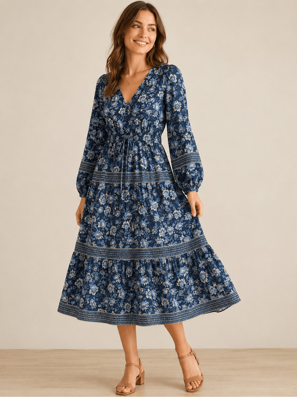 LOFT Blue Floral Midi Dress Medium Boho Cottagecore Long Sleeve