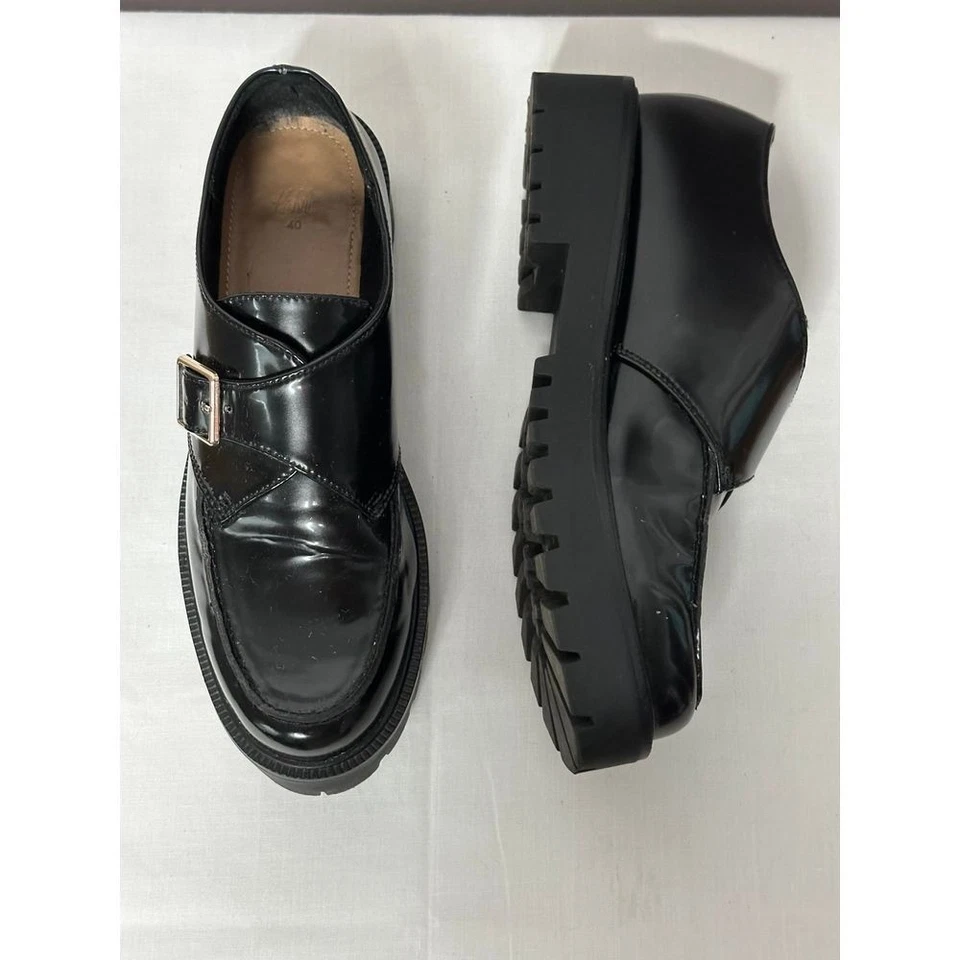 H&M Women Platform Loafers Shoes Black Patent Leather Sz 9 Lug Sole Chunky - Image 2 of 4