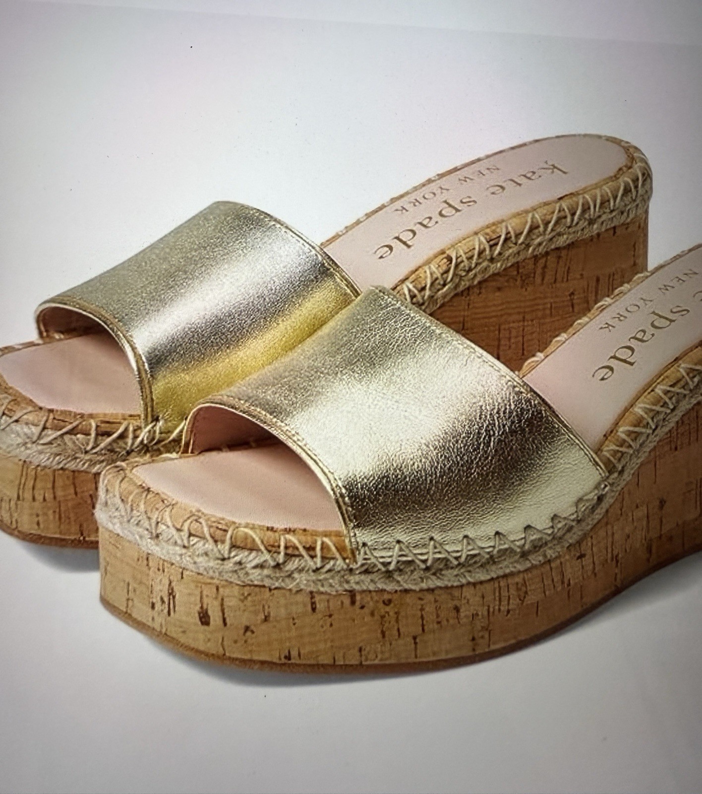 Kate Spade New York Cosette Pale Gold Cork Wedge Sandals 8.5B Made In Italy
