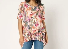 Logo Lori Goldstein Med Multi Abstract Rayon Knit Ruffle Hem Top A693725 NWOT