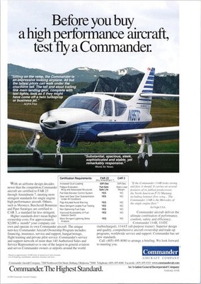 Commander Aircraft Company 1998 Print Ad High Performance Aircraft