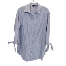 Zara Blue Striped Shirt Dress Tunic Tie Cuff Coastal Preppy Quiet Luxury Size XL