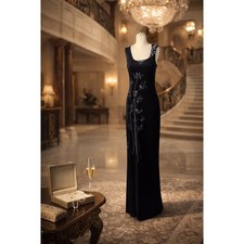 Black Asymmetrical Maxi Dress Floral Embroidery Old Money Quiet Luxury Size Med