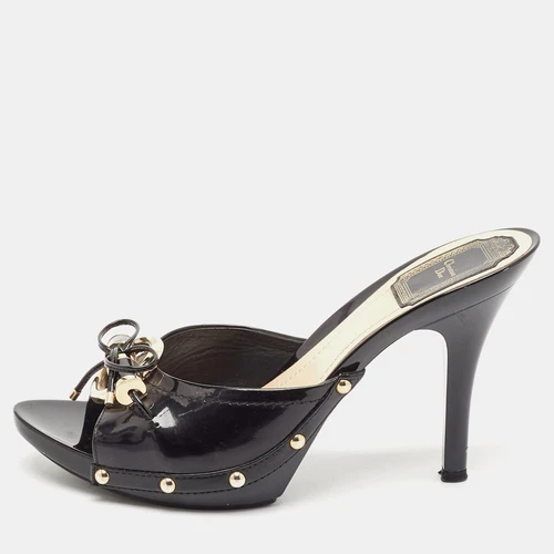Sabots Dior cuir verni noir métal torsadé nœud ouvert pointure 38,5