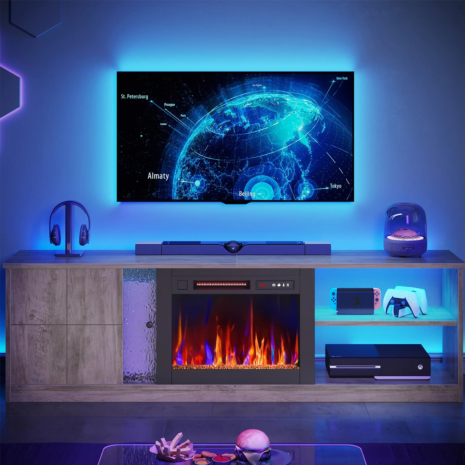 Soporte De TV Con Chimenea LED Almacenaje Mueble Para Sala H