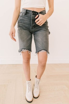 Kancan Charcoal Salt & Pepper Utility Distressed High Rise Bermuda Shorts Sz 27