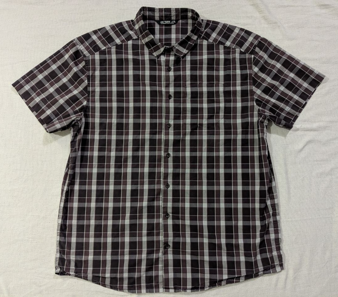 Arc'teryx Camicia Uomo 2XL Marrone Nero Plaid Manica Corta Bottoni Outdoor