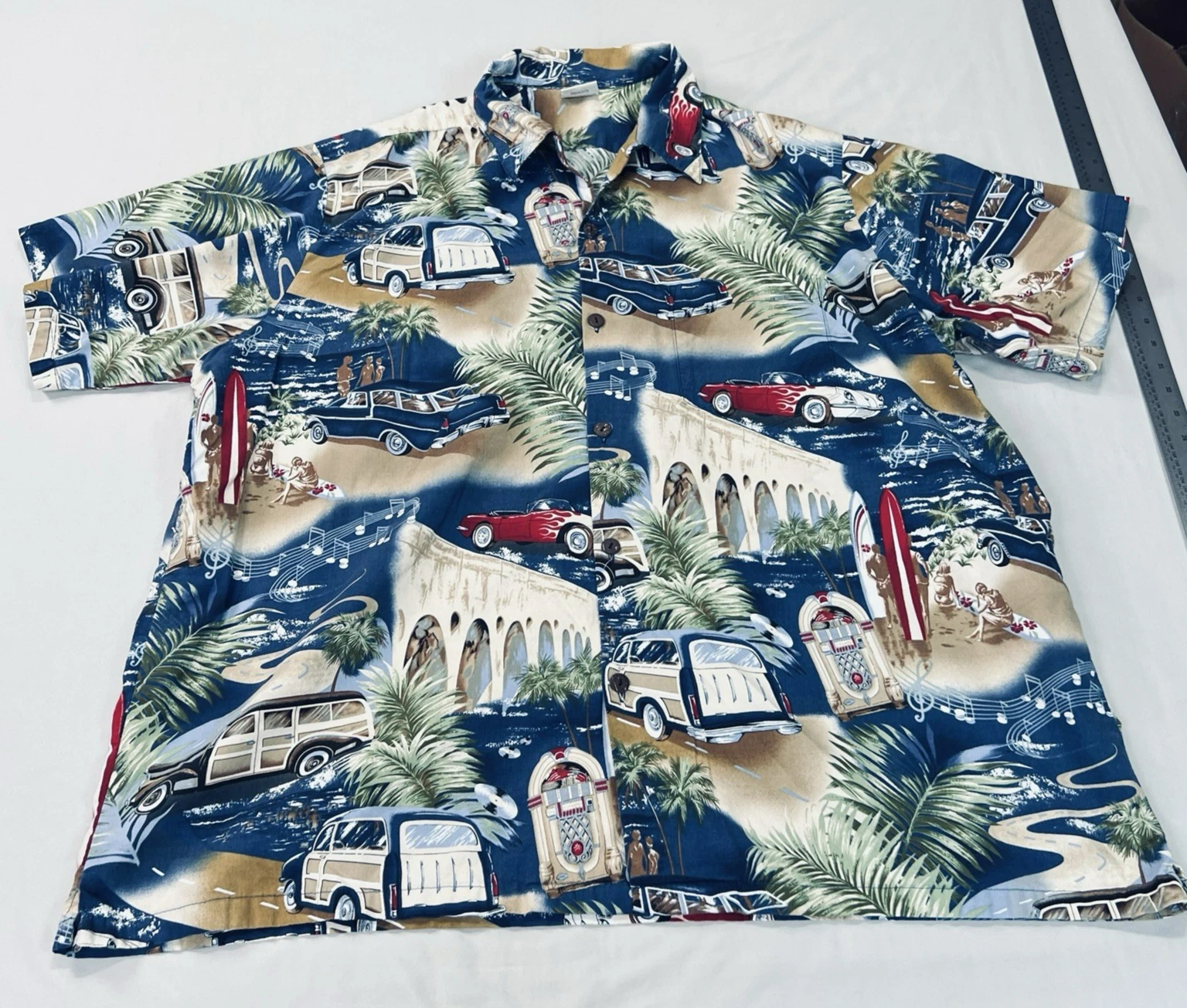Go Barefoot Hawaiian Shirt Mens 4XL Blue Aloha Classic Cars Surf Beach Music EUC