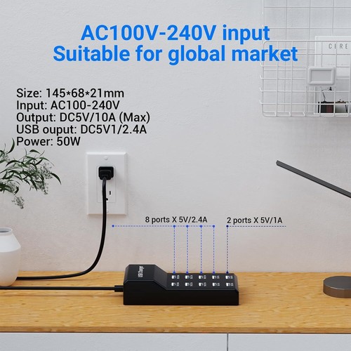 Multi 10 Port USB Charging Station Hub Desktop Wall Cell Phone Charger Organizer - Picture 2 of 6
