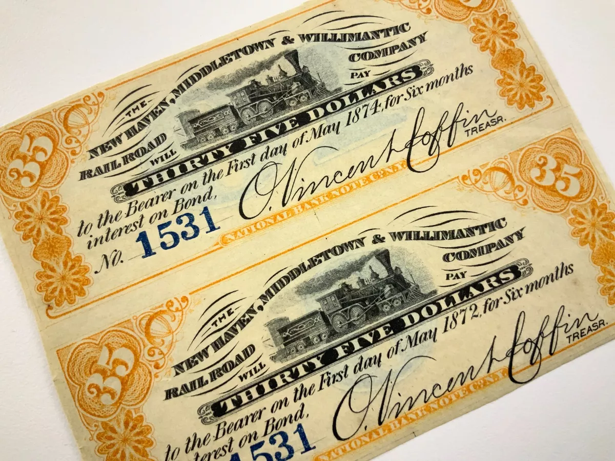 New Haven Middletown Willimantic Railroad Company 35 Dollars 1872 Bond AA528