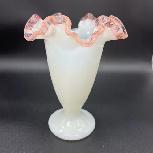 Fenton Pink Rose Crest Cone Vase 6.5” tall Double Crimp