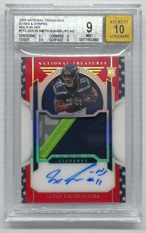 Jaxon Smith-Njigba Panini National Treasures #173 Patch Autograph-Stars and Stripes Holo Silver