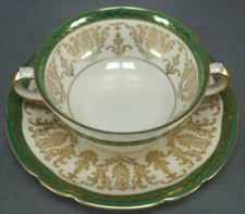 KPM Krister Green & Gold Neoclassical Bouillon Cup & Saucer Circa 1937-1938