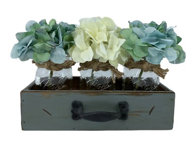 Centerpiece with 3 Mason Jars + 3 Flowers + Handmade Wood Drawer BLUE River Rock