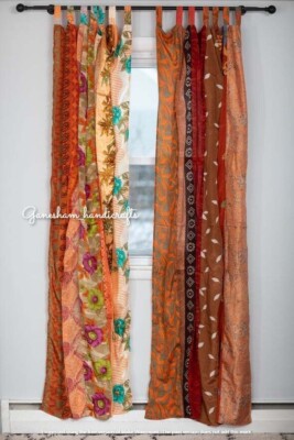 2 Pcs Indian Vintage Silk Saree Curtain Window Decor Panel Drapes Brown Curtain