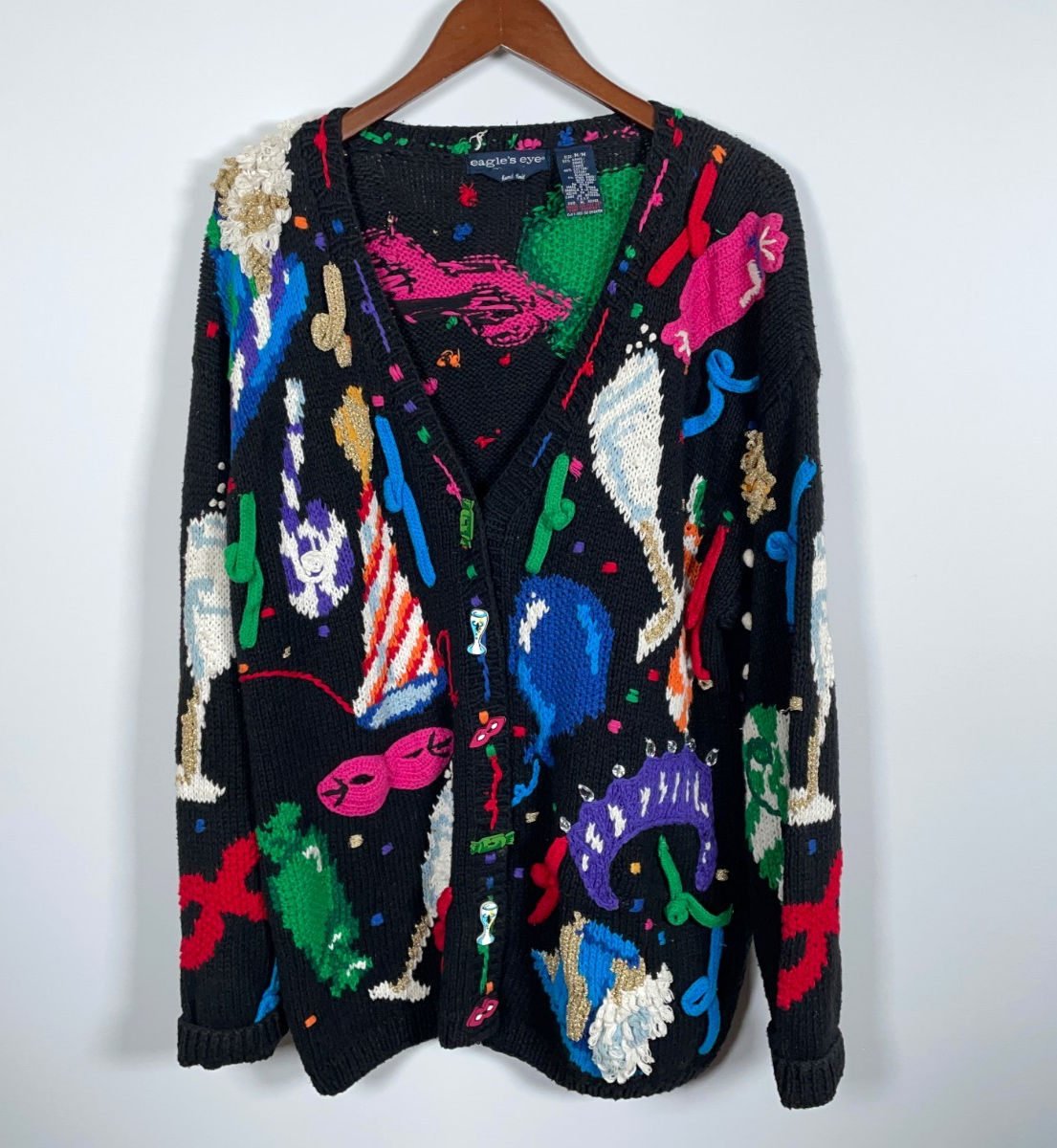 Eagle's Eye Cardigan Women's Medium Black Hand Knit Sweater