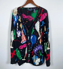 Eagle's Eye Cardigan Women's Medium Black Hand Knit Sweater Holiday Party  1994