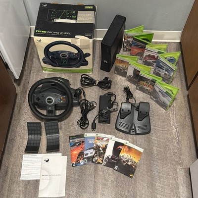 Microsoft Xbox 360 250gb 8 racing games + nitro racing wheel bundle, reset,clean