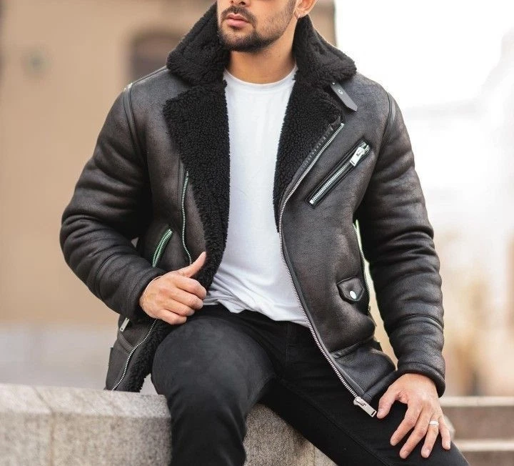B3 Bomber Military Black Fur Leather Jacket for Men - Image 3 of 4